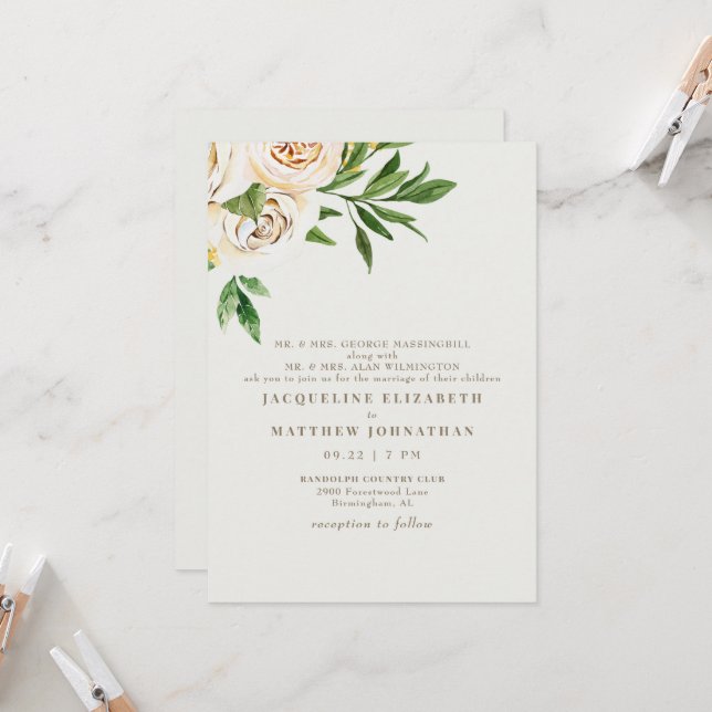 Convites Casamento de Peões Florais Elegante Cream (Frente/Verso In Situ)