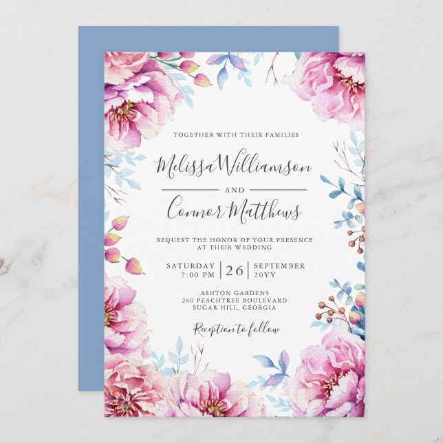 Convites Casamento de Peões Rosa Floral com Aquarela (Frente/Verso)