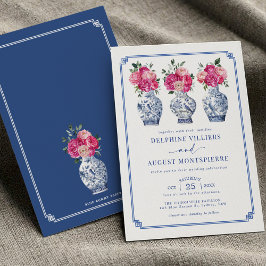 Convites Casamento de Peões Rosa-Rosa-Rosa-Chinoiserie Azul