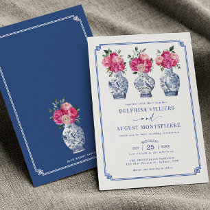 Convites Casamento de Peões Rosa-Rosa-Rosa-Chinoiserie Azul