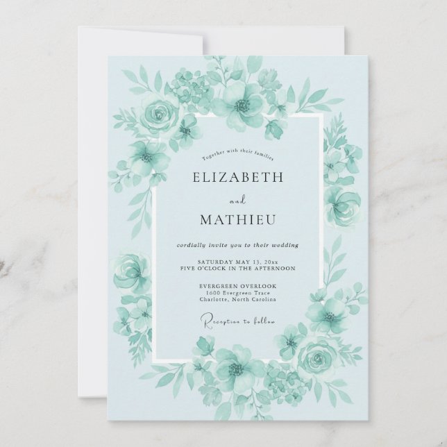 Convites Casamento de Peônia Água-Marinha Atemporal (Frente)