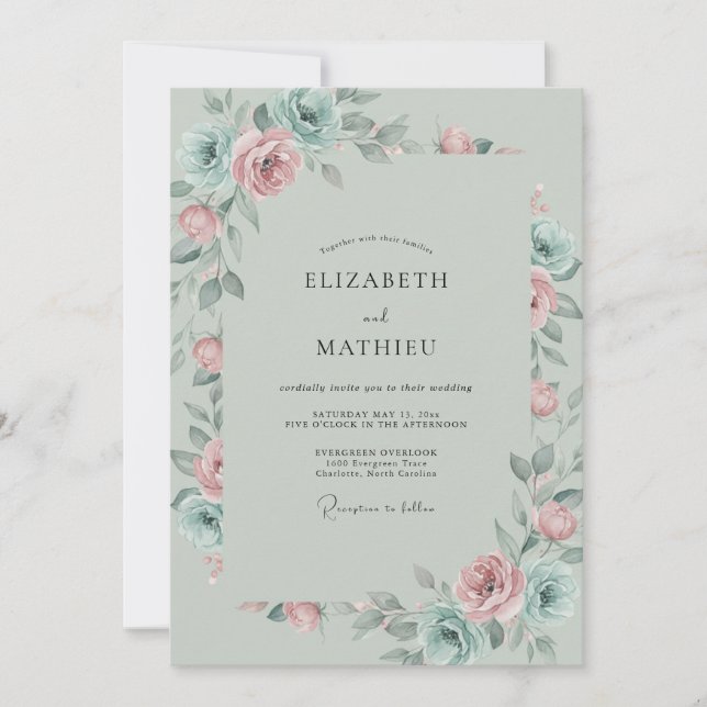 Convites Casamento de Peônia Água-Menta (Frente)