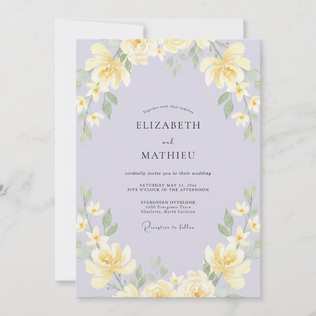 Convites Casamento de Peônia Amarela Lilás (Frente)