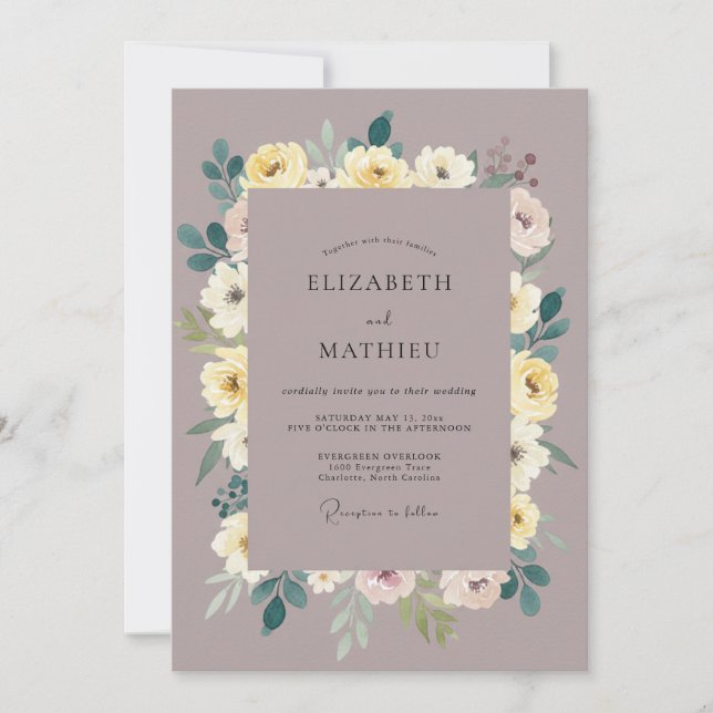 Convites Casamento de Peônia Amarela Malva (Frente)