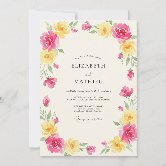 Convites Casamento de Peônia Amarela Rosa (Frente)