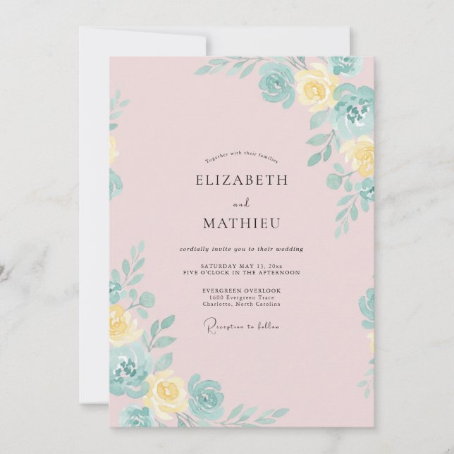 Convites Casamento de Peônia Amarela Rosa Pálido Suave (Frente)