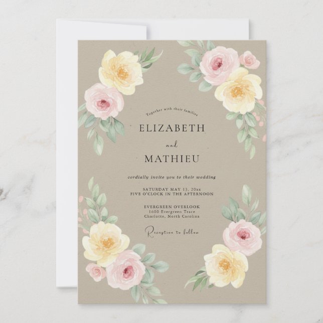 Convites Casamento de Peônia Amarela Taupe (Frente)