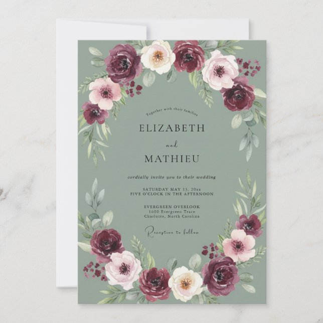 Convites Casamento de Peônia Ameixa Celadon (Frente)