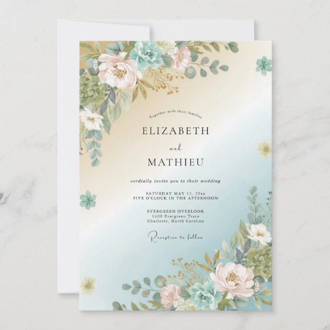 Convites Casamento de Peônia Aqua Gold (Frente)