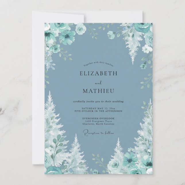 Convites Casamento de Peônia Aqua Slate (Frente)