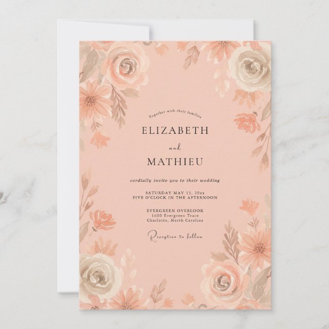 Convites Casamento de Peônia Aquarela Pêssego (Frente)