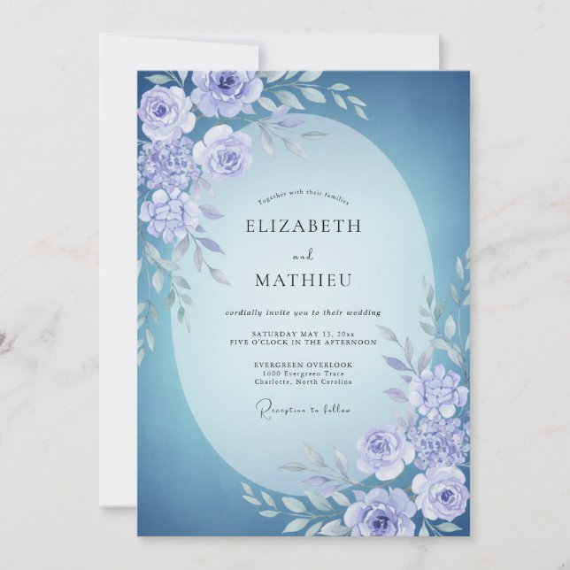 Convites Casamento de Peônia Azul-Celeste (Frente)