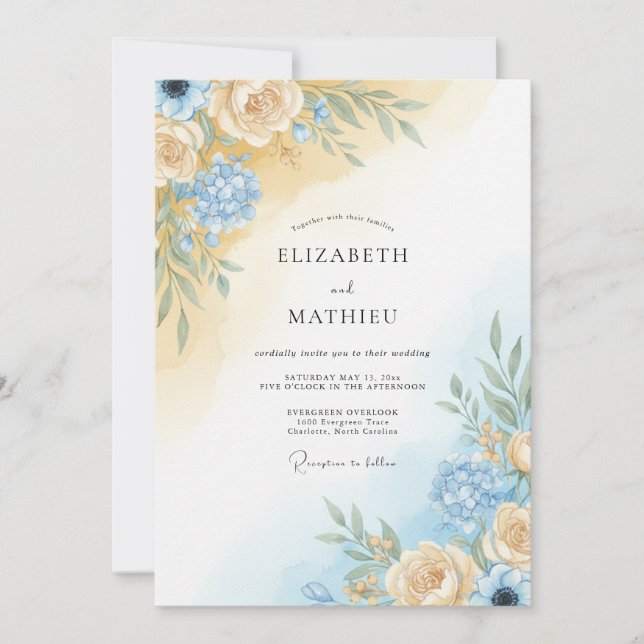 Convites Casamento de Peônia Azul Champanhe (Frente)