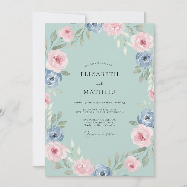 Convites Casamento de Peônia Azul-Cornflower Aqua (Frente)
