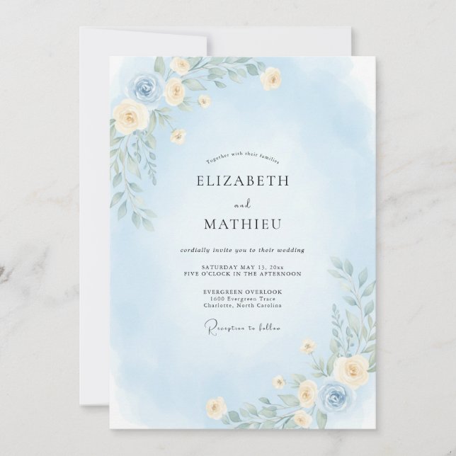 Convites Casamento de Peônia Azul Gelo (Frente)