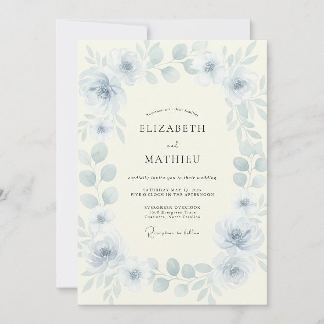 Convites Casamento de Peônia Azul Pó (Frente)