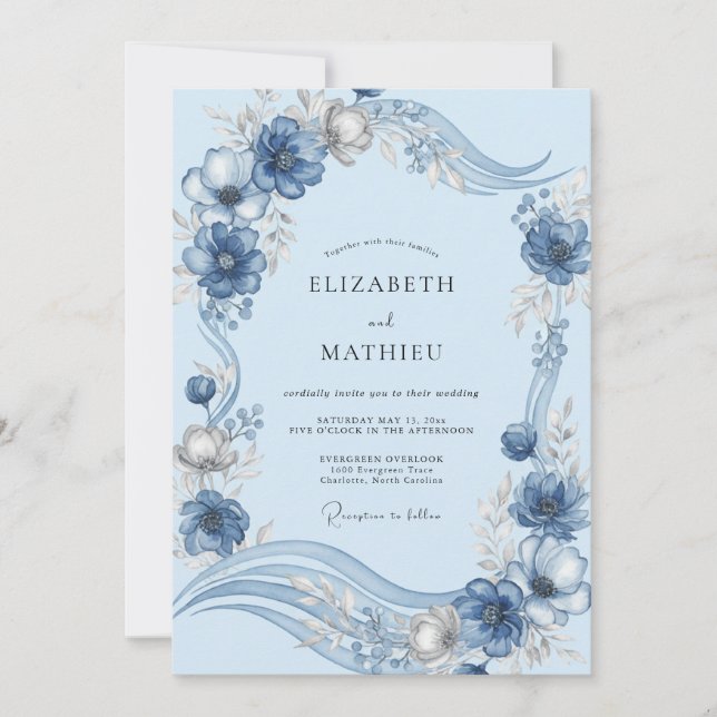 Convites Casamento de Peônia Azul Suave (Frente)