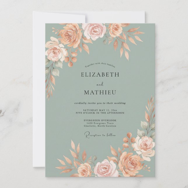 Convites Casamento de Peônia Celadão Empoeirado (Frente)