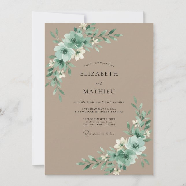 Convites Casamento de Peônia Celadon Bege (Frente)