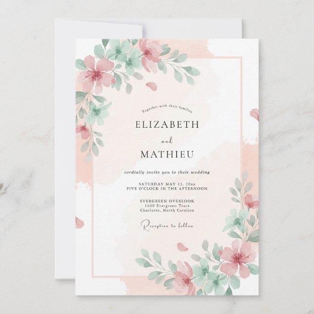 Convites Casamento de Peônia Celadon Blush (Frente)