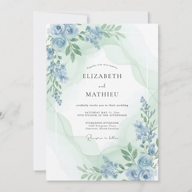 Convites Casamento de Peônia Celadon Periwinkle (Frente)