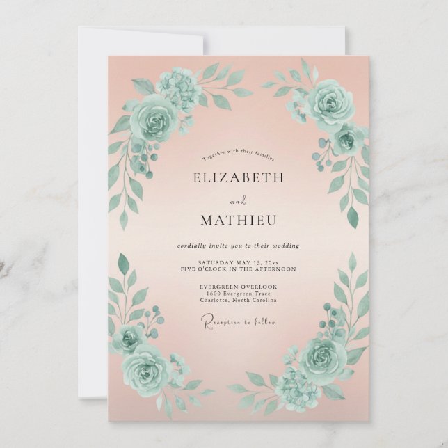 Convites Casamento de Peônia Celadon Pêssego (Frente)