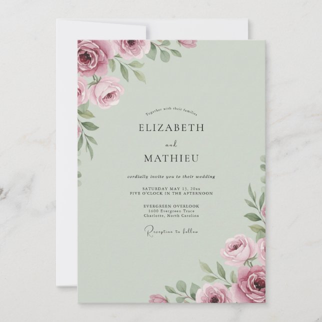 Convites Casamento de Peônia Celadon Rosa Empoeirado (Frente)
