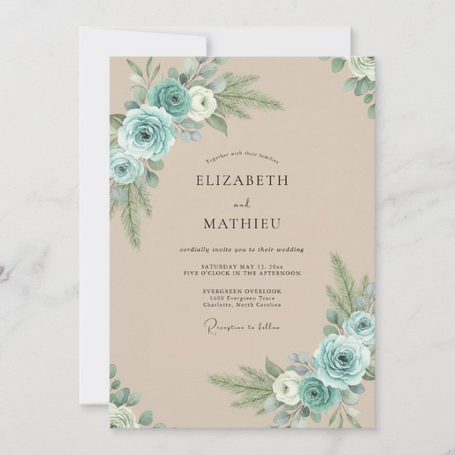 Convites Casamento de Peônia Champagne Aqua (Frente)