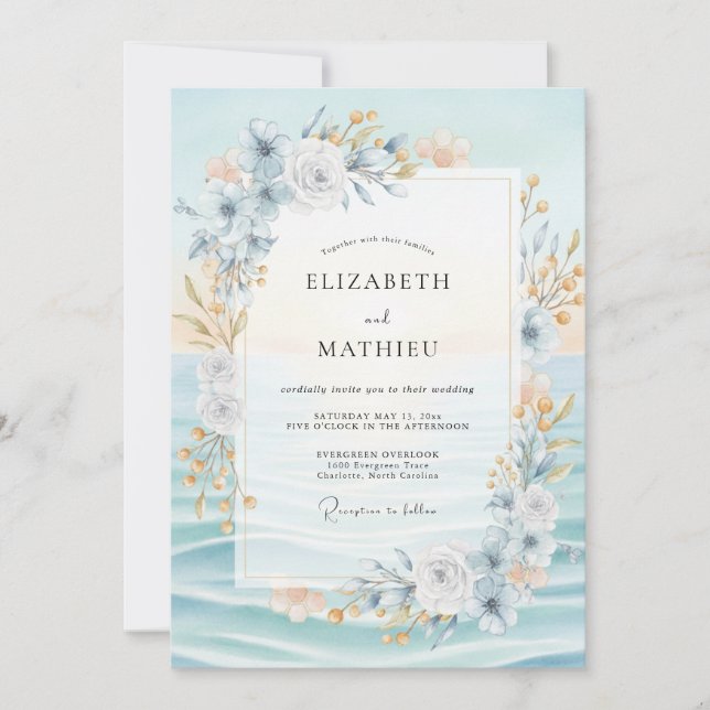 Convites Casamento de Peônia Champagne Azul Azure (Frente)