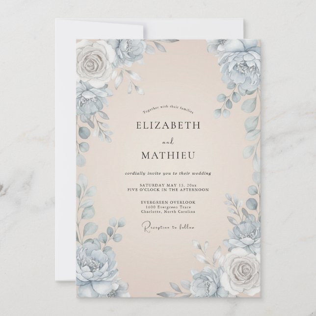 Convites Casamento de Peônia Champanhe Blush Slate (Frente)