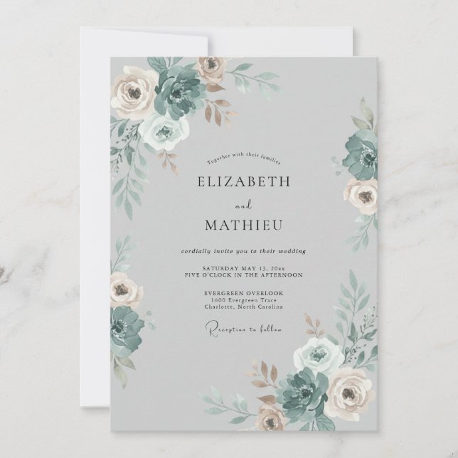 Convites Casamento de Peônia Champanhe de Aço (Frente)