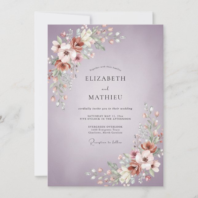 Convites Casamento de Peônia Cobre Malva (Frente)
