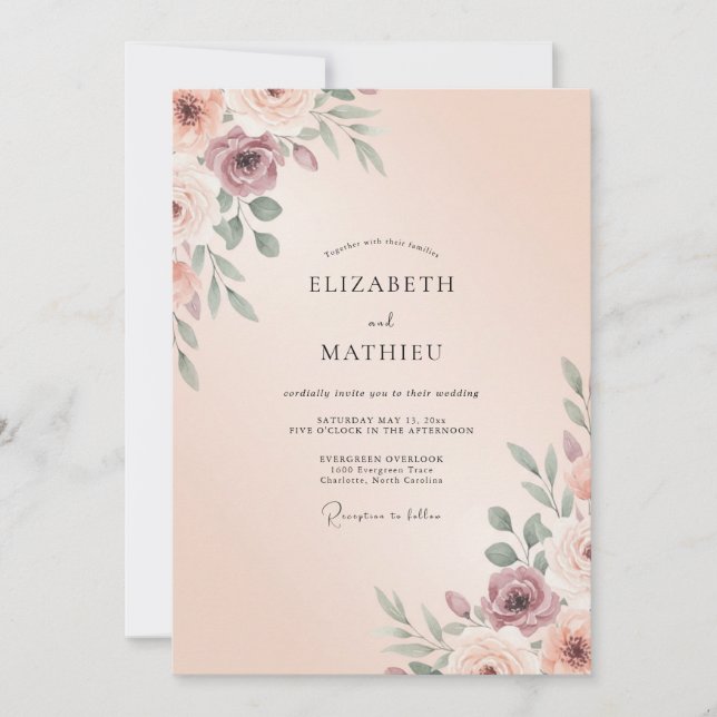 Convites Casamento de Peônia com Blush Rosa Poeira (Frente)