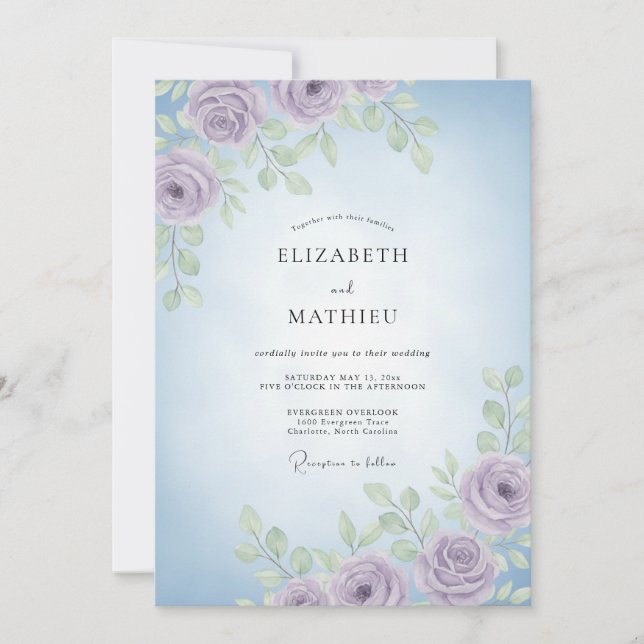 Convites Casamento de Peônia com Periwinkle Lavanda (Frente)