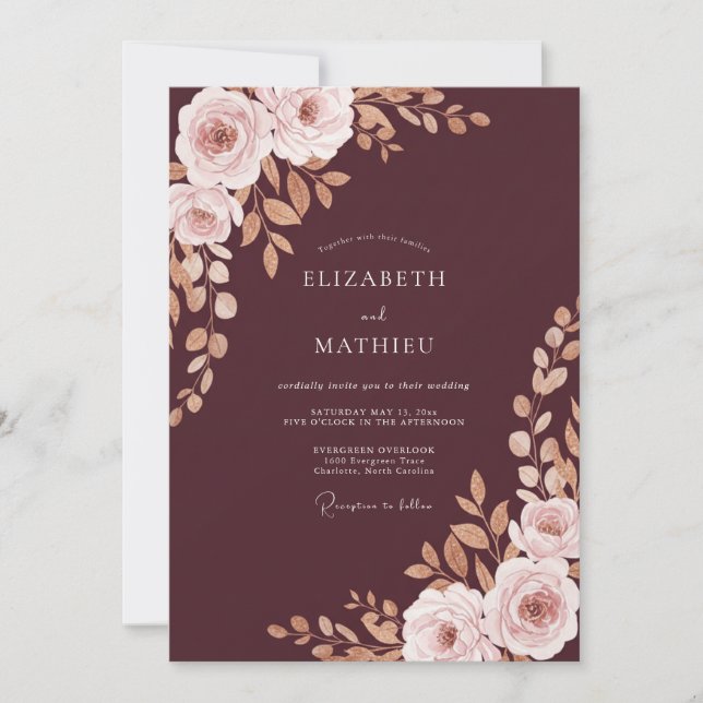 Convites Casamento de Peônia com Rosa Bege e Marrom (Frente)
