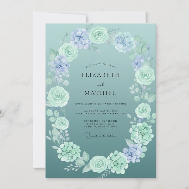 Convites Casamento de Peônia com Tons de Slate e Mint (Frente)
