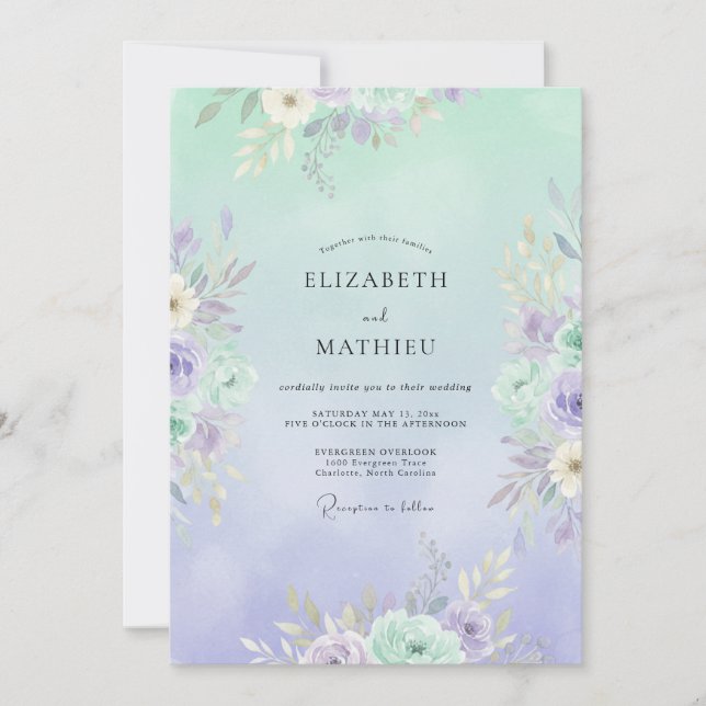 Convites Casamento de Peônia com Verde Água e Periwinkle (Frente)