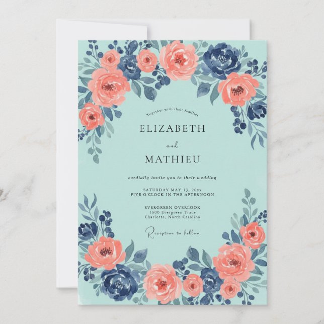 Convites Casamento de Peônia Coral Aqua Blush (Frente)
