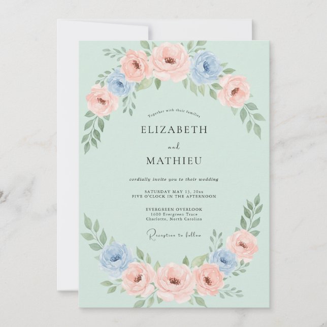 Convites Casamento de Peônia Coral Mint (Frente)
