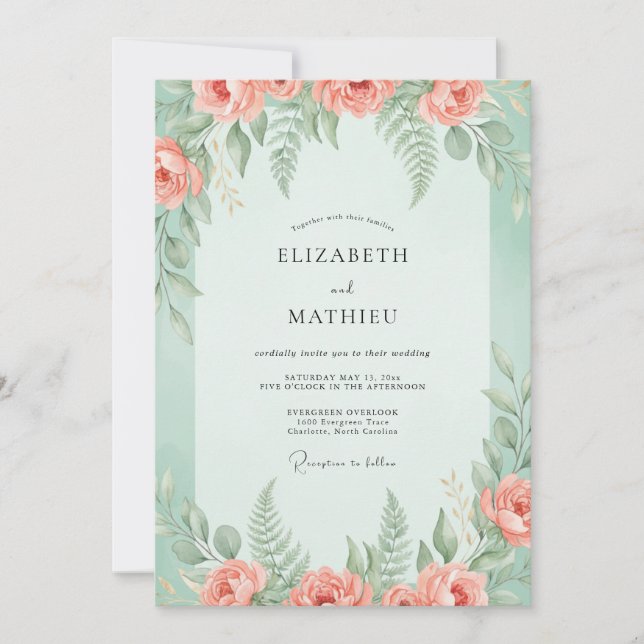 Convites Casamento de Peônia Coral Mint (Frente)