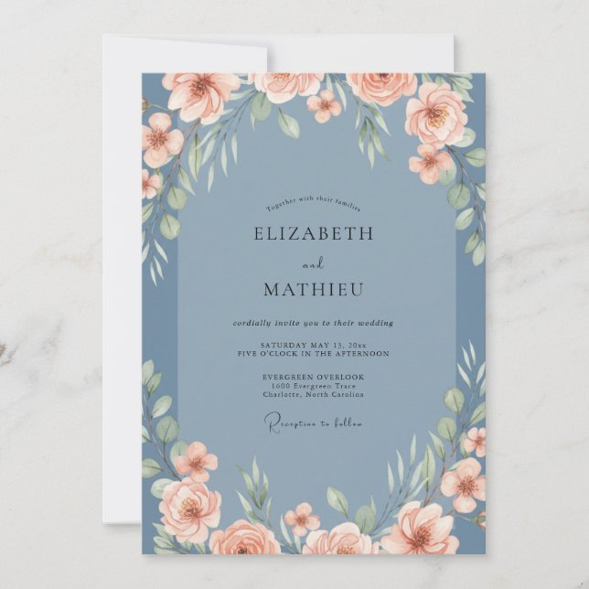 Convites Casamento de Peônia Coral Quente Slate (Frente)