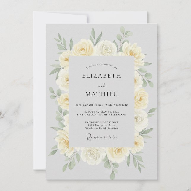 Convites Casamento de Peônia Creme Antigo Prata (Frente)