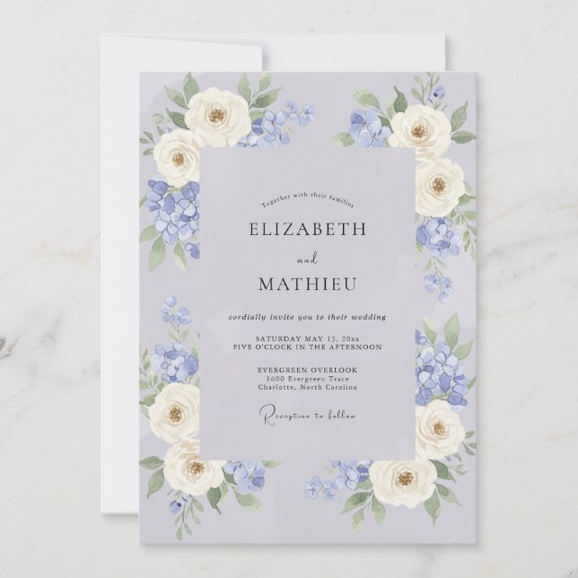 Convites Casamento de Peônia Creme Azul-Marinho (Frente)