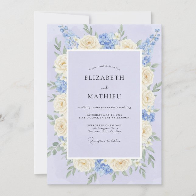 Convites Casamento de Peônia Creme Celeste (Frente)