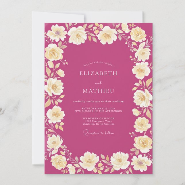 Convites Casamento de Peônia Creme Magenta (Frente)