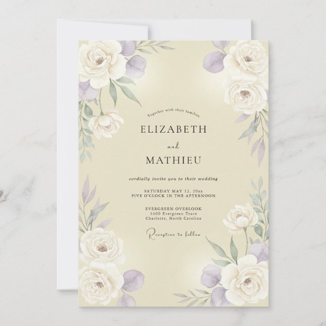 Convites Casamento de Peônia Creme Mauve (Frente)