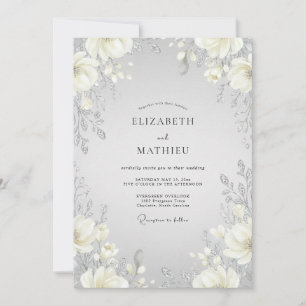 Convites Casamento de Peônia Creme Quente Prata