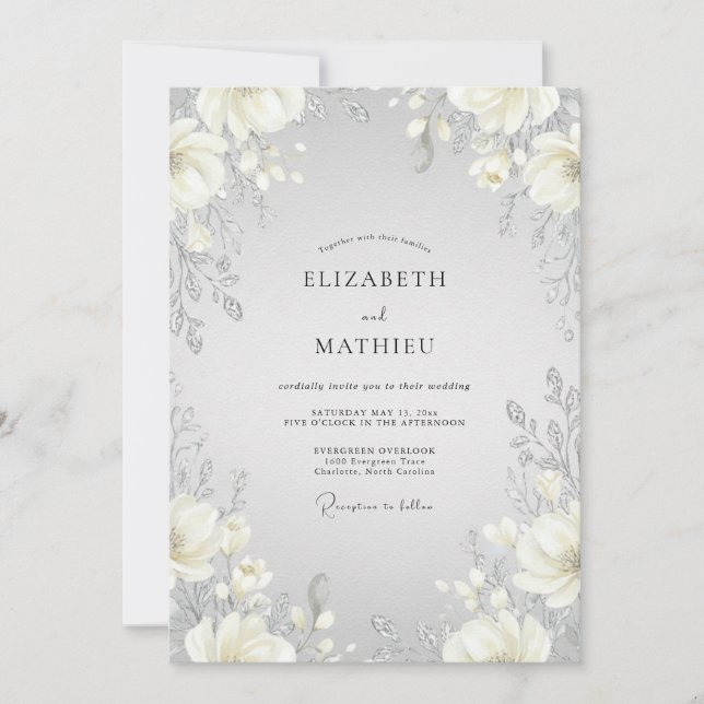 Convites Casamento de Peônia Creme Quente Prata (Frente)