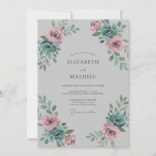 Convites Casamento de Peônia de Aço Rosa Empoeirado (Frente)