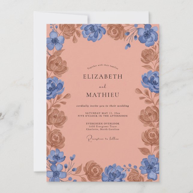 Convites Casamento de Peônia de Argila Azul-Marinho (Frente)